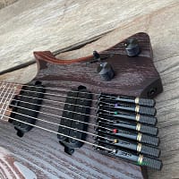 7 String Headless Electric Guitar Passive Pickups Fanned Frets 9 Piece Roasted Maple Neck, Jumbo Stainless Steel Frets Ash Body